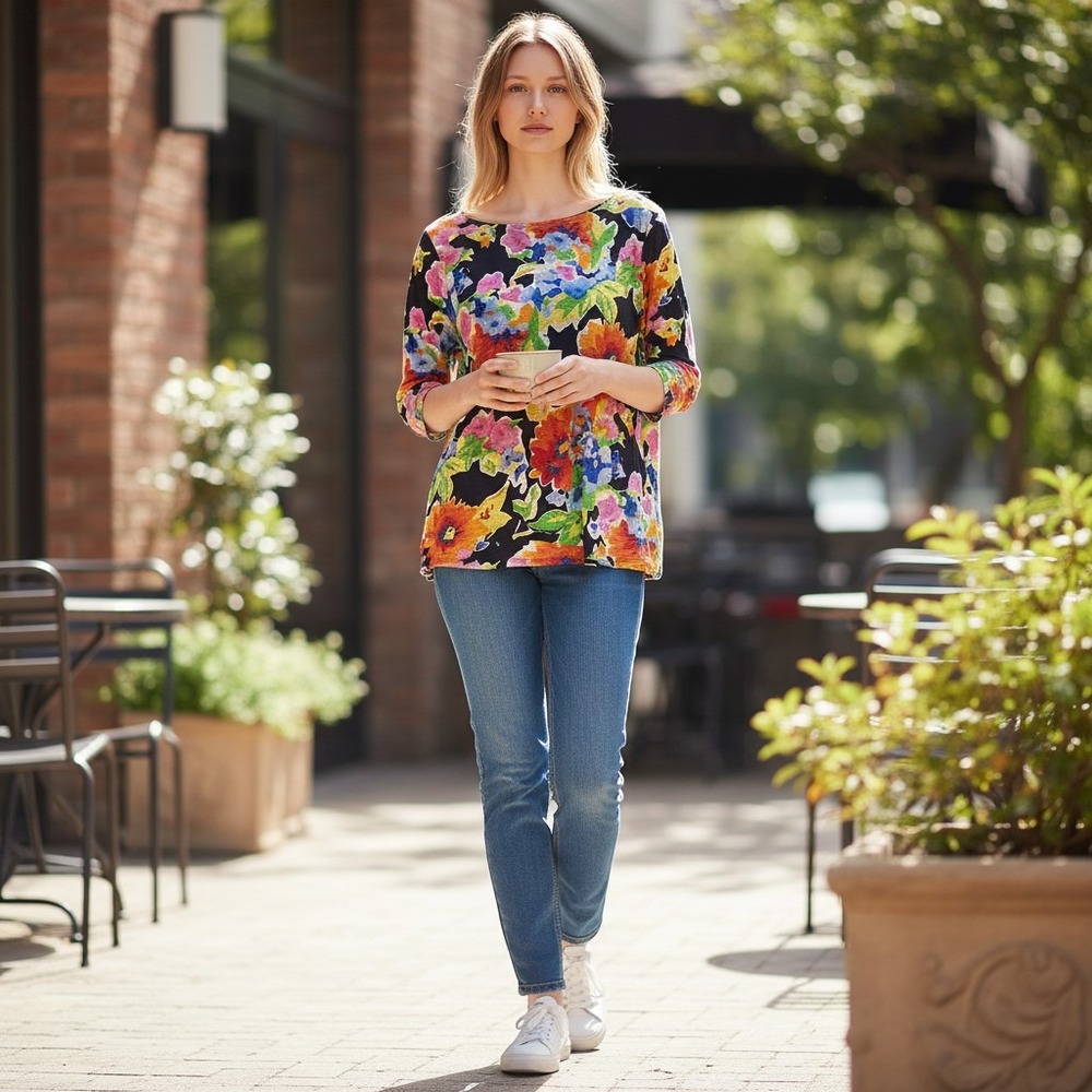 Lauren Ralph Lauren Womens Floral 100% Linen Boat Neck 3/4 Sleeve Top Navy L